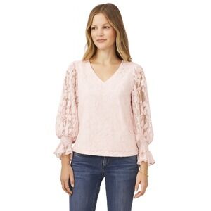 Sam & Jess Women's V-Neck Lace Long Sleeve Top Cafe Pink Size M Sheer Coquette